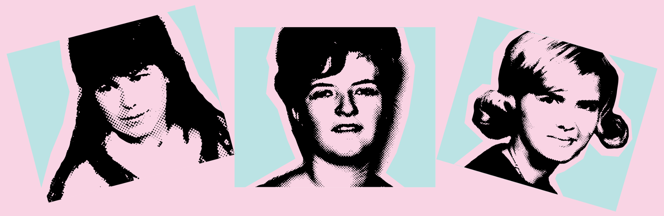 Halftone portraits of Dolores, Louise and Helen, the three moms CHIX is named for, on torn mint paper