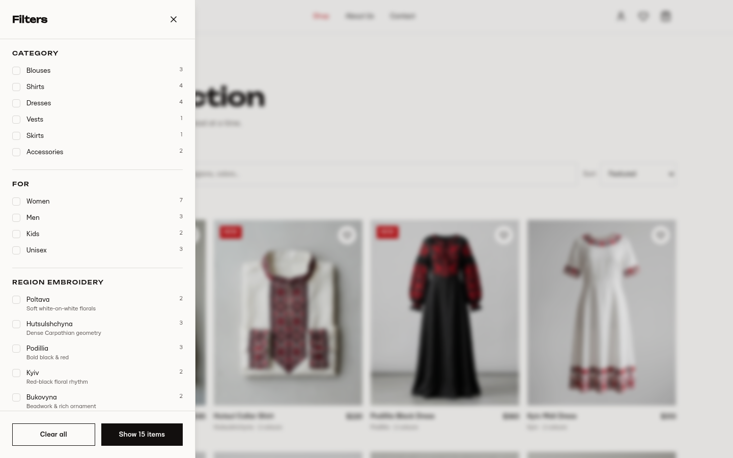 Nytka filter drawer with category, gender and regional embroidery options