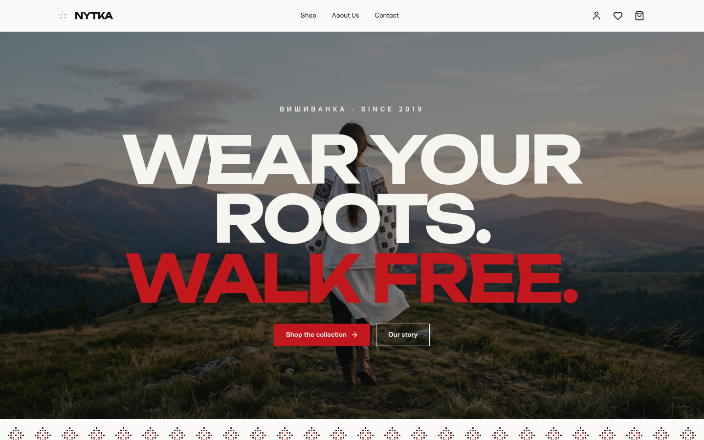 Nytka home page with the headline Wear your roots. Walk free.
