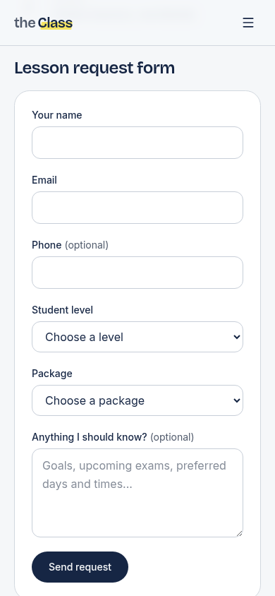 theClass lesson request form on mobile