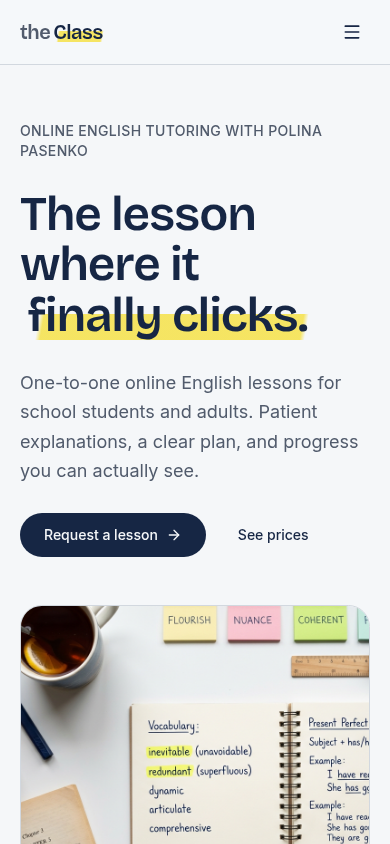 theClass home page on mobile