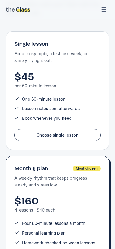 theClass pricing cards on mobile