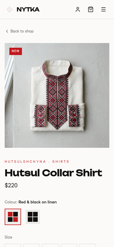 Nytka product page for the Hutsul Collar Shirt on mobile