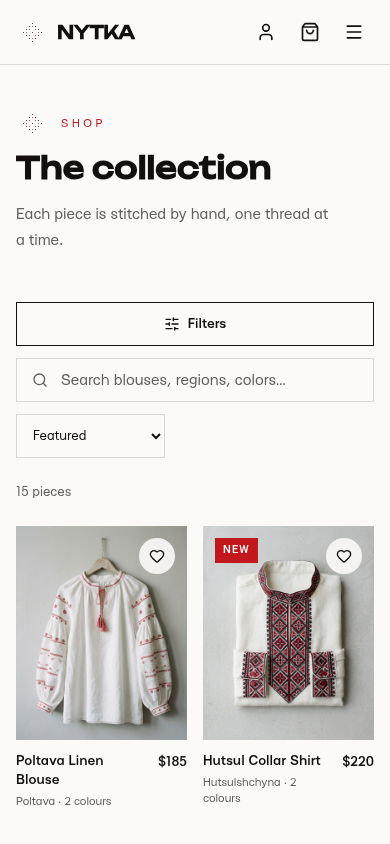 Nytka shop page on mobile