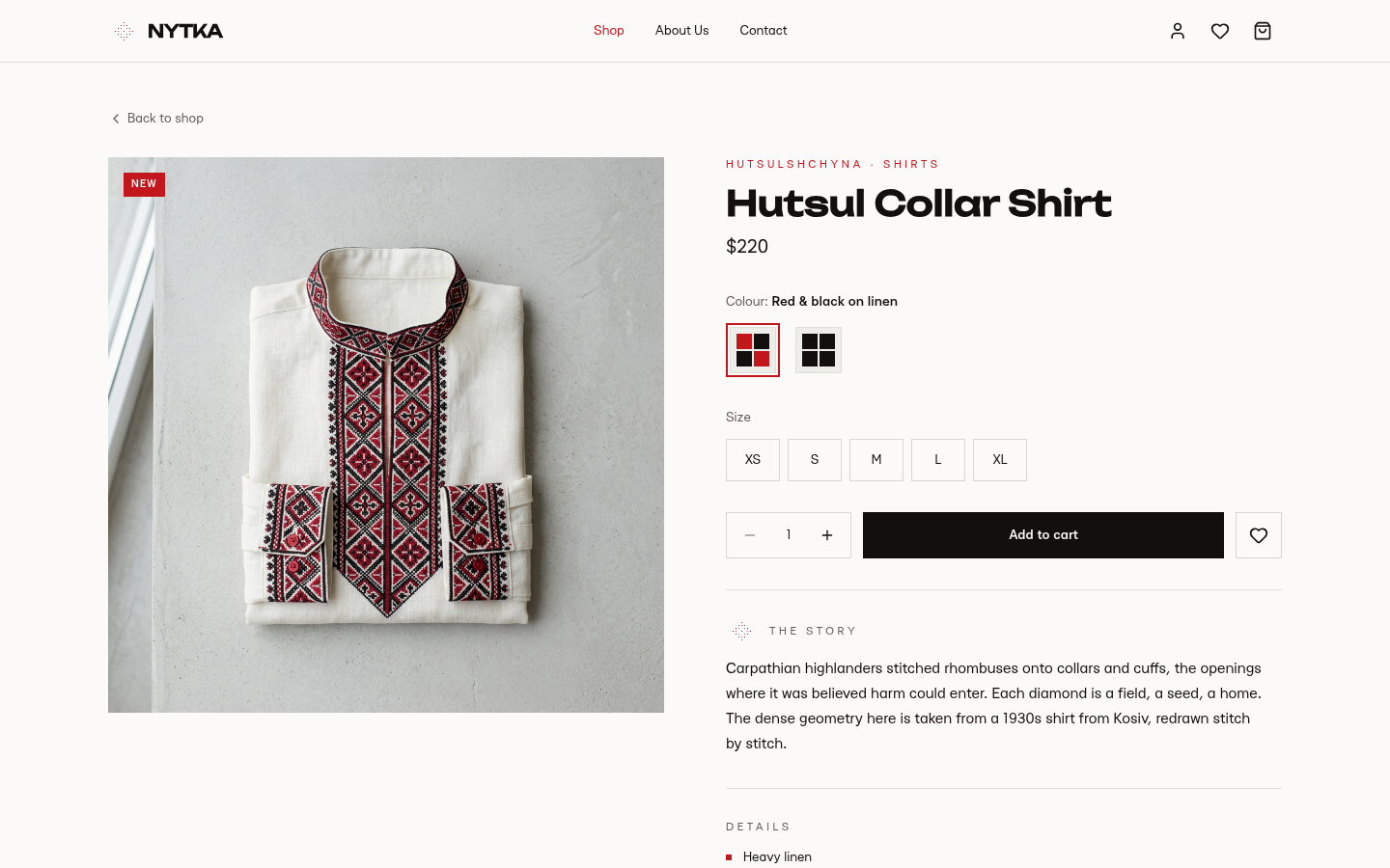 Nytka product page for the Hutsul Collar Shirt with colour, size and the story of the pattern