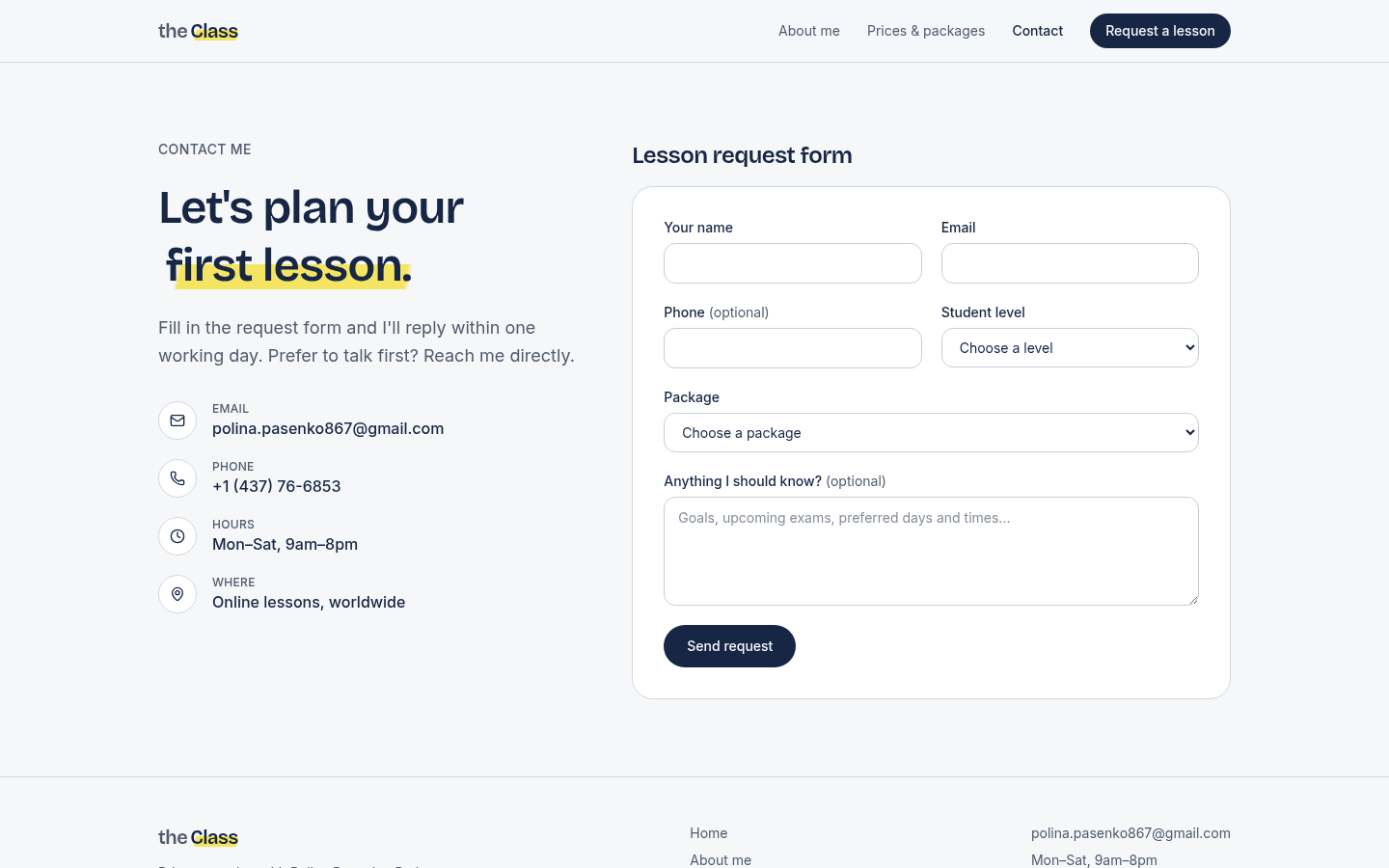 theClass contact page with email, phone, hours, and the lesson request form