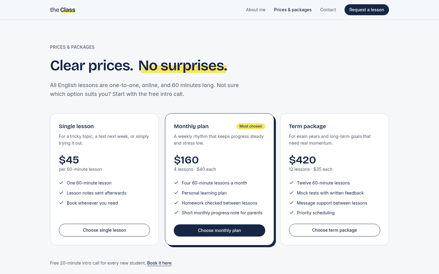 theClass prices page with single lesson, monthly plan and term package cards