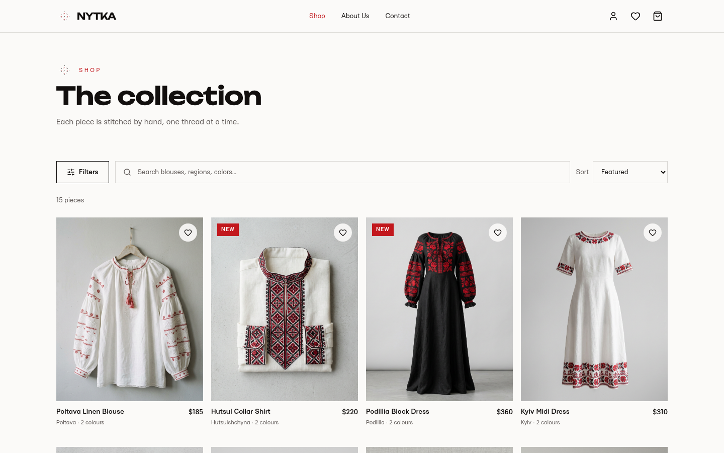 Nytka shop grid with search, filters and sort